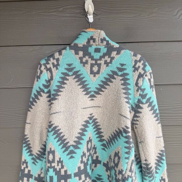 renee c sweater Open Aztec Bohemian Size Medium Wool & Mohair Gray Teal - Picture 4 of 5
